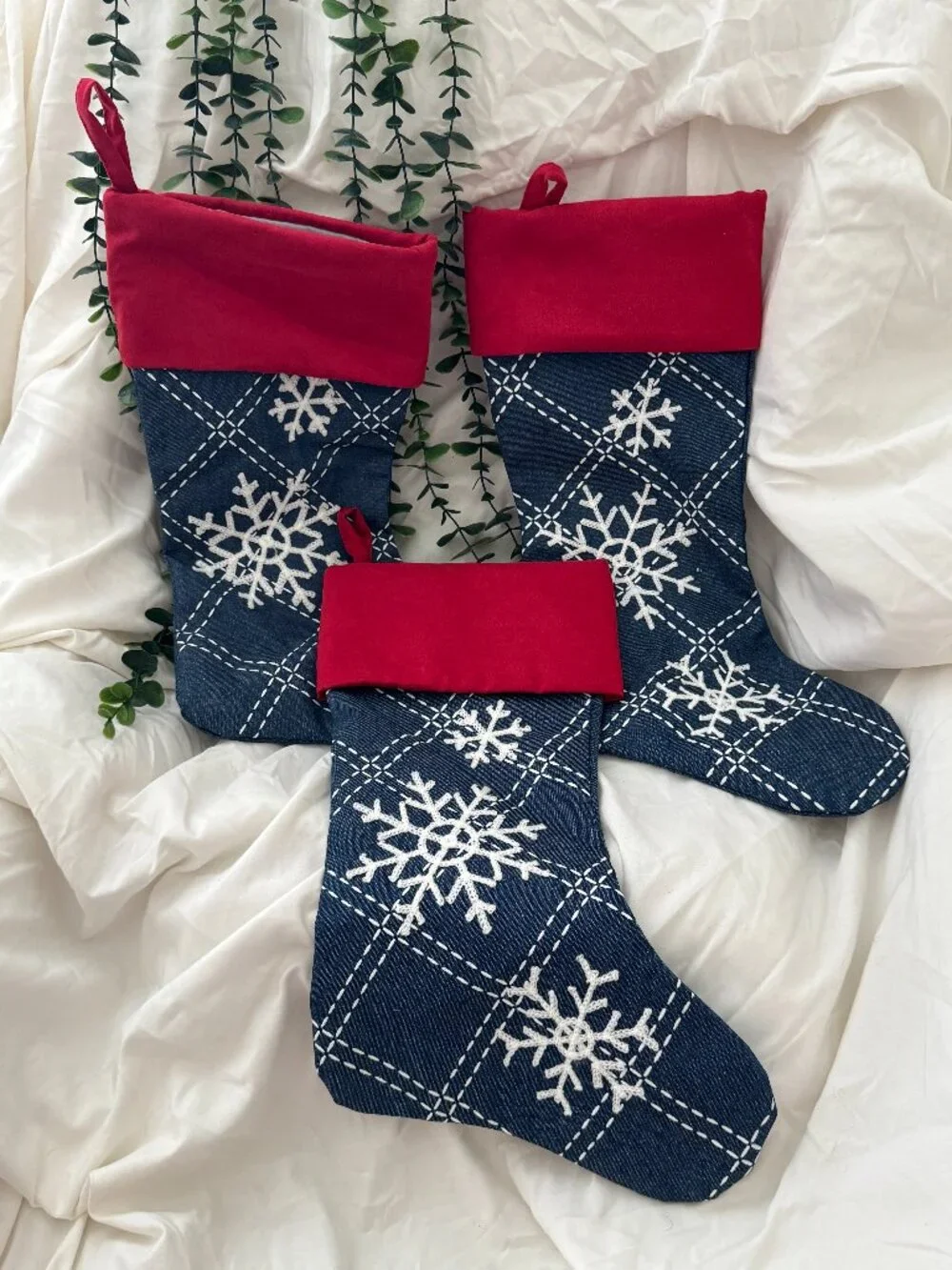 🎄 Set of 3 Denim, White and Red Snowflake Christmas Stockings (Embroidered)